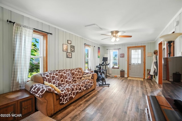 409 S Race St, Van Wert, OH 45891 - living room with ornamental molding, wood finished floors, and a ceiling fan