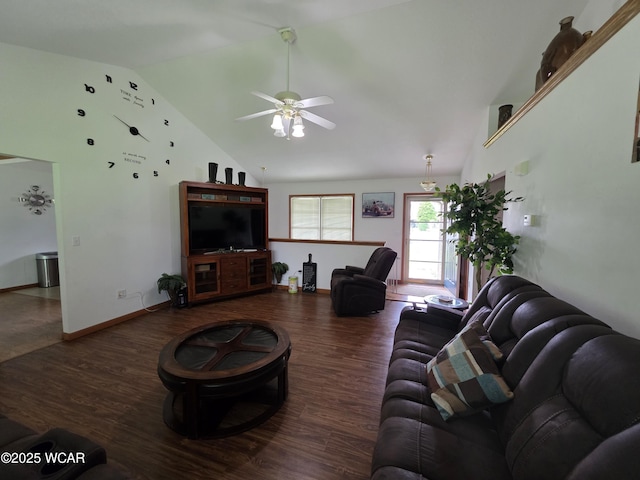 1919 Jared Pl, Lima, OH 45805 - living area featuring high vaulted ceiling, a ceiling fan, wood finished floors, and baseboards