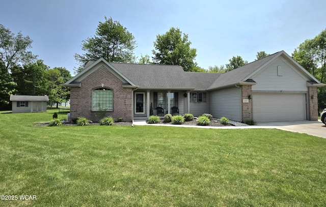 1919 Jared Pl, Lima, OH 45805 - ranch-style home with brick siding, a front yard, a garage, concrete driveway, and a porch