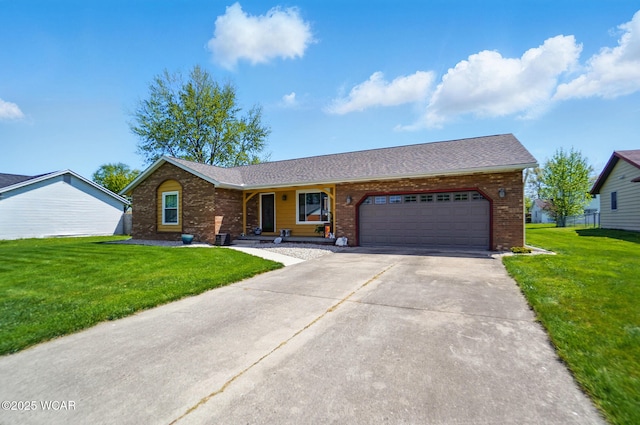 ranch-style house with a front lawn, driveway, brick siding, and a garage