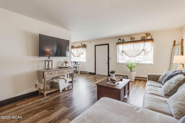 living room featuring a baseboard heating unit and dark hardwood / wood-style floors