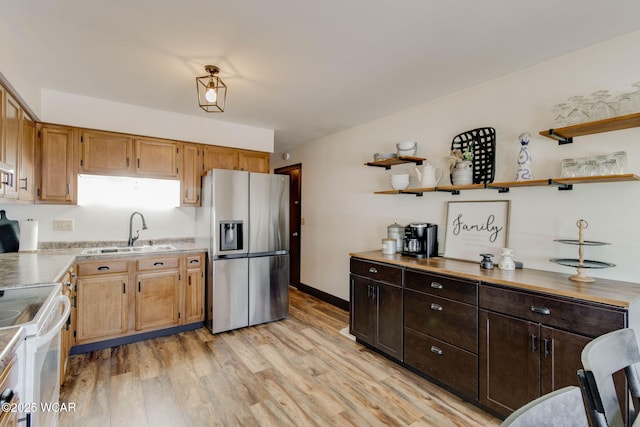 kitchen featuring light hardwood / wood-style flooring, sink, white electric range, and stainless steel fridge with ice dispenser