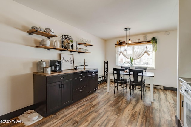 dining area featuring a baseboard radiator and hardwood / wood-style floors