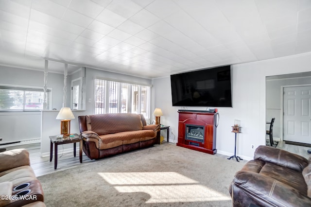 living room with ornamental molding, carpet flooring, and a baseboard heating unit