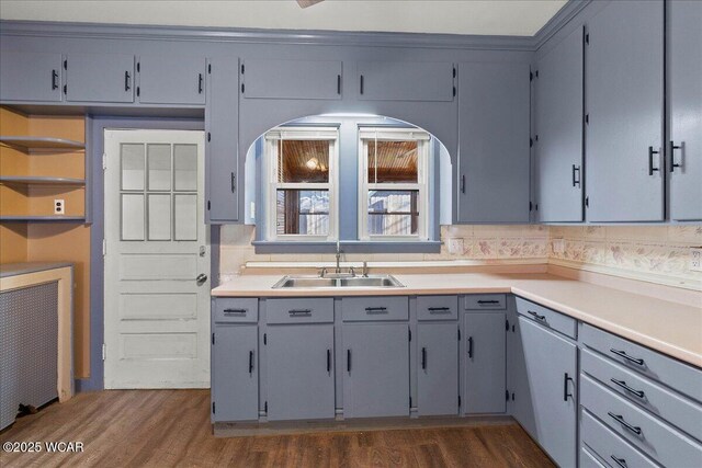 424 N Market St, Kenton, OH 43326 - kitchen with light countertops, dark wood-style floors, a sink, and gray cabinets