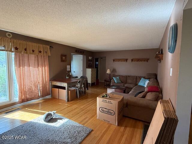 living room with a textured ceiling and light wood finished floors