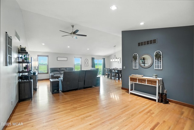 13286 Arrowhead Dr, Findlay, OH 45840 - living area featuring ceiling fan, light wood-style flooring, high vaulted ceiling, and recessed lighting