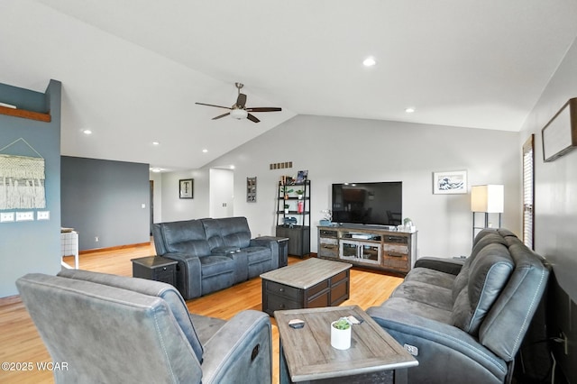 13286 Arrowhead Dr, Findlay, OH 45840 - living room featuring light wood-style floors, vaulted ceiling, ceiling fan, and recessed lighting