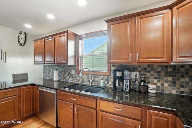 13286 Arrowhead Dr, Findlay, OH 45840 - kitchen with dishwasher, tasteful backsplash, dark stone counters, brown cabinets, and recessed lighting