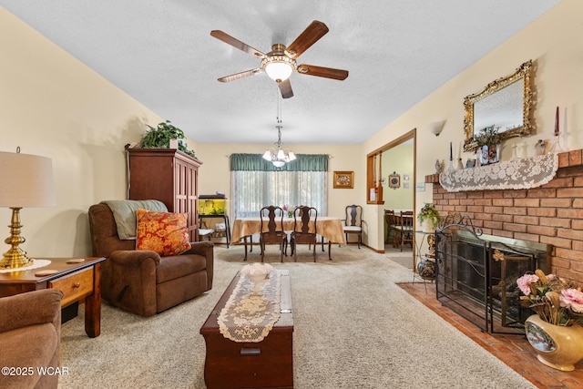 3540 Yoakam Rd, Lima, OH 45806 - carpeted living room with a textured ceiling, a ceiling fan, a chandelier, and a fireplace