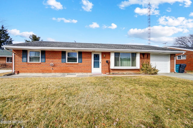 single story home with a garage, brick siding, driveway, and a front lawn