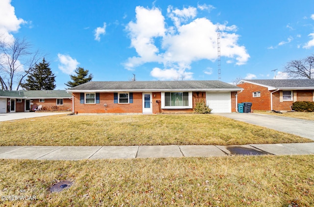 ranch-style home with driveway, a front lawn, an attached garage, and brick siding