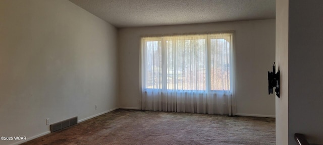 carpeted empty room with a textured ceiling