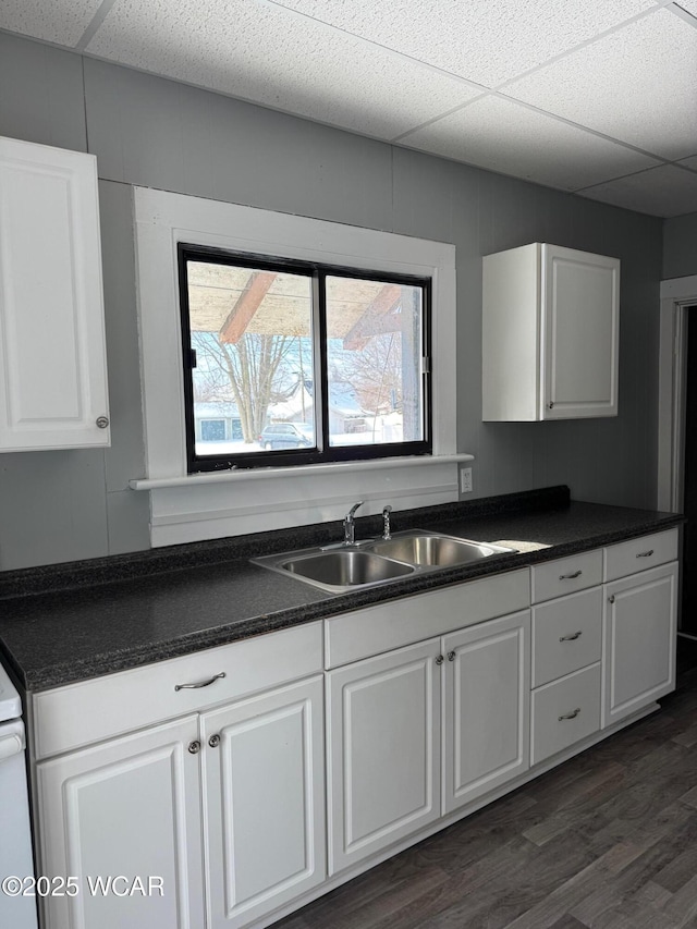 kitchen with a drop ceiling, sink, and white cabinetry