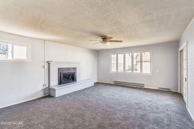 unfurnished living room with visible vents, a brick fireplace, ceiling fan, carpet flooring, and a baseboard radiator