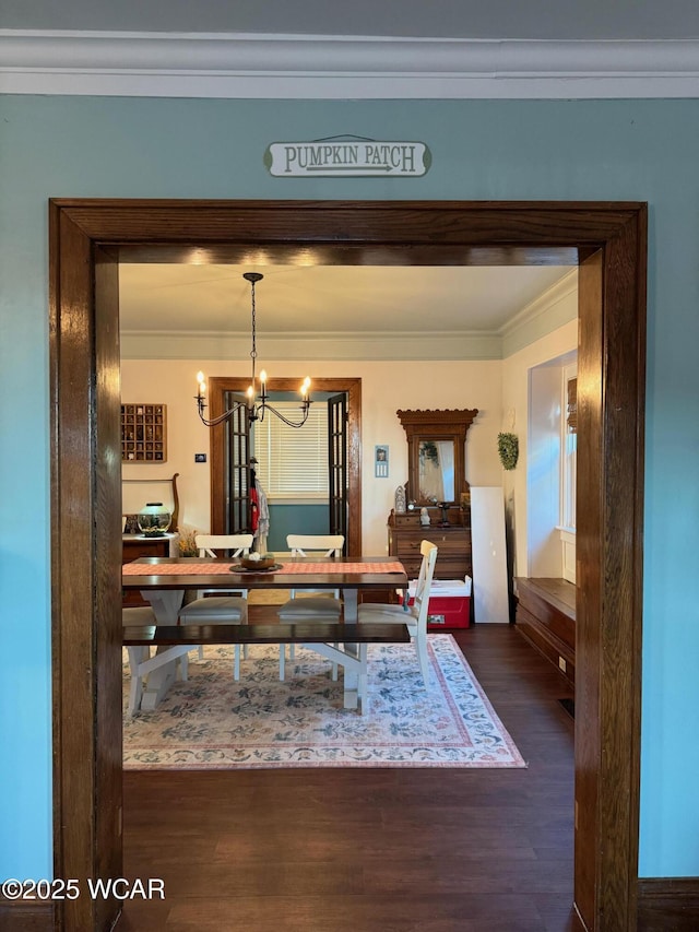 119 E N St, Kenton, OH 43326 - dining space with ornamental molding, dark wood-style floors, a chandelier, and an office area