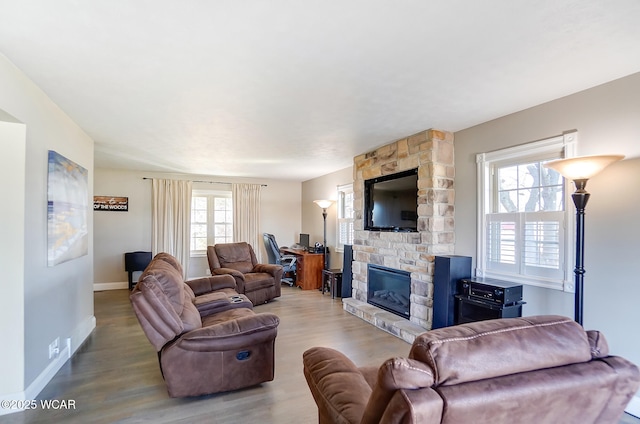 living room featuring a fireplace and light wood-type flooring