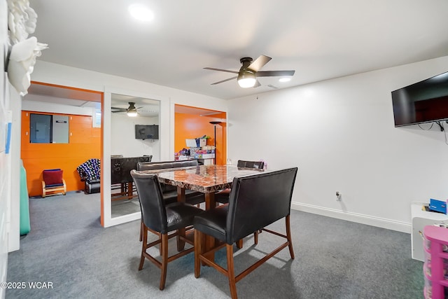 dining area featuring ceiling fan, electric panel, and dark colored carpet