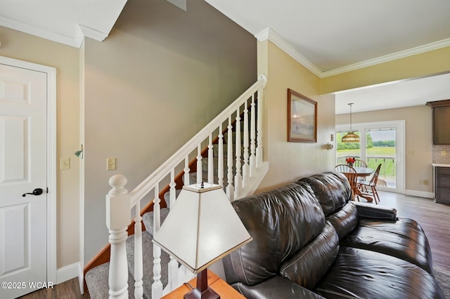 1106 S Grubb Rd, Lima, OH 45806 - staircase with ornamental molding, wood finished floors, and baseboards