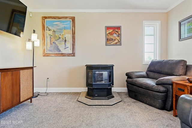1106 S Grubb Rd, Lima, OH 45806 - sitting room featuring a wood stove, carpet flooring, ornamental molding, and baseboards