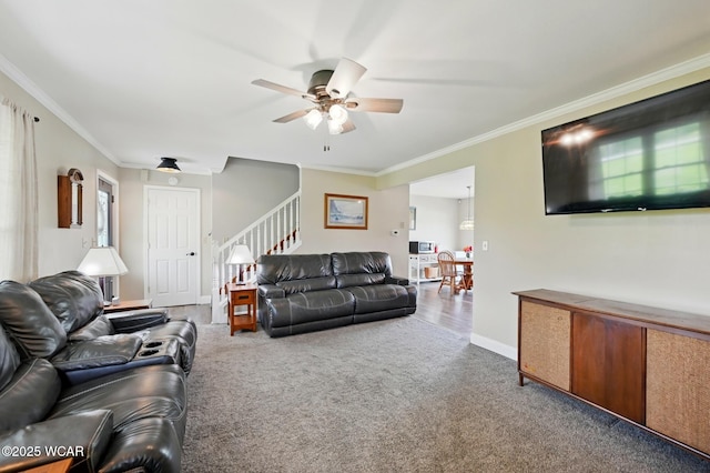 1106 S Grubb Rd, Lima, OH 45806 - living area with a ceiling fan, stairs, carpet floors, ornamental molding, and baseboards