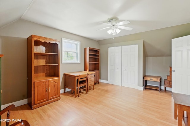 1106 S Grubb Rd, Lima, OH 45806 - home office featuring ceiling fan, light wood-style floors, lofted ceiling, and baseboards