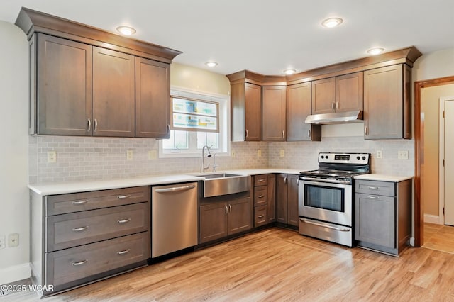 1106 S Grubb Rd, Lima, OH 45806 - kitchen with stainless steel appliances, a sink, under cabinet range hood, baseboards, and light wood finished floors