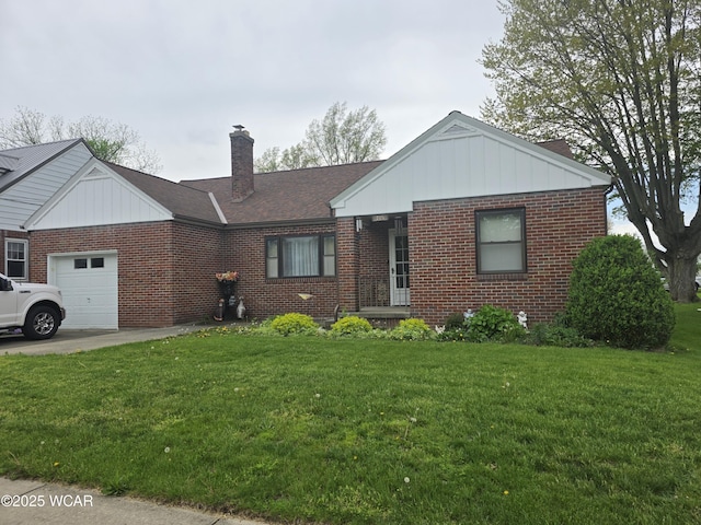 ranch-style house with brick siding, an attached garage, a chimney, and a front yard