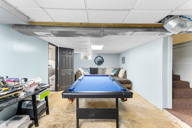 2435 Bible Rd, Lima, OH 45801 - recreation room featuring a drop ceiling, pool table, and unfinished concrete floors