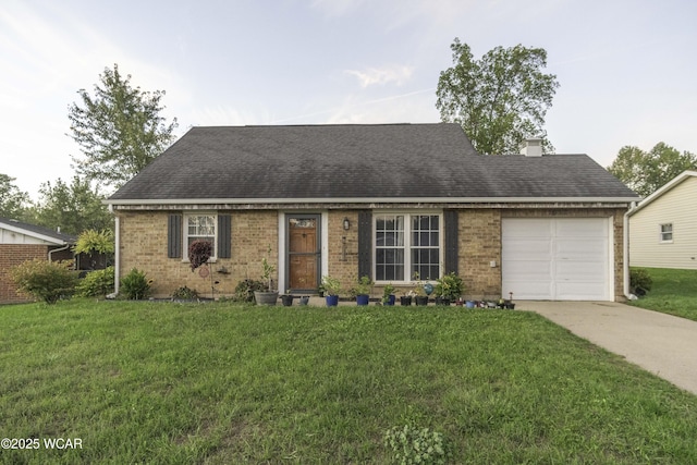 view of front of home with driveway, a shingled roof, a garage, and a front lawn