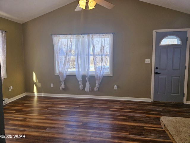 entryway with lofted ceiling, baseboards, dark wood finished floors, and baseboard heating