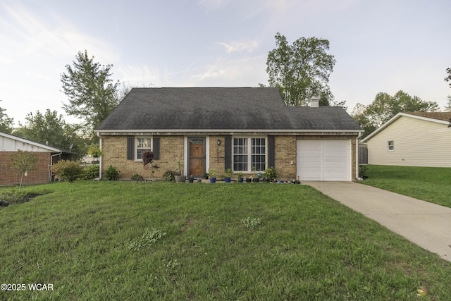 view of front facade featuring a garage, concrete driveway, roof with shingles, a front lawn, and brick siding