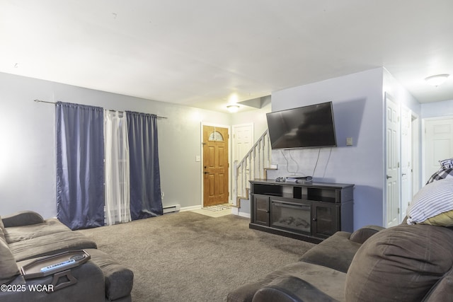 living area featuring a baseboard heating unit, stairway, carpet, and baseboards