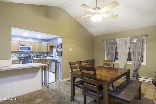 dining space with high vaulted ceiling, a baseboard heating unit, carpet floors, a ceiling fan, and baseboards