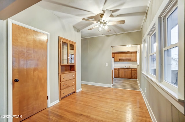 interior space with sink, crown molding, light hardwood / wood-style floors, and ceiling fan