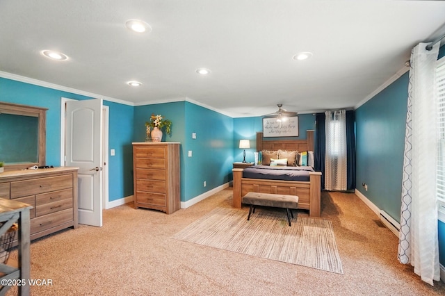 bedroom with light colored carpet, crown molding, baseboards, and baseboard heating