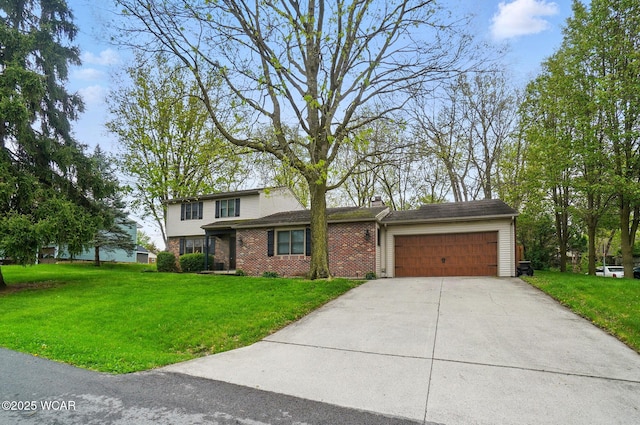 view of front of property featuring a front lawn, driveway, brick siding, and an attached garage