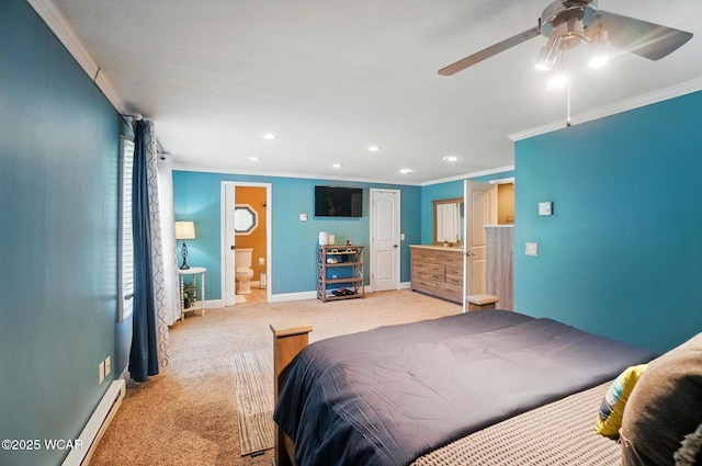 bedroom featuring light carpet, a baseboard radiator, ornamental molding, and recessed lighting