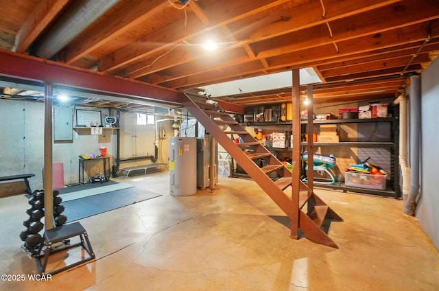 basement with electric water heater, electric panel, and stairs