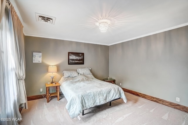 carpeted bedroom featuring ornamental molding