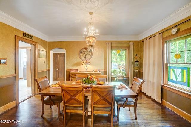 dining space featuring ornamental molding, a notable chandelier, and dark hardwood / wood-style flooring