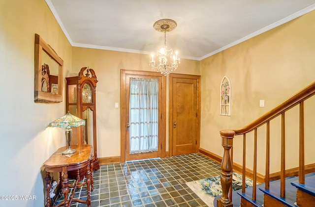 foyer featuring ornamental molding and a notable chandelier