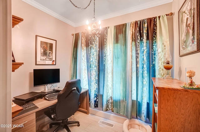 office space featuring ornamental molding and a chandelier