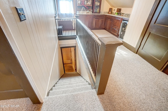 stairway with sink and wood walls