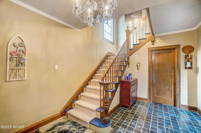 stairs with crown molding and a chandelier