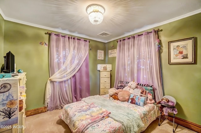 carpeted bedroom featuring ornamental molding