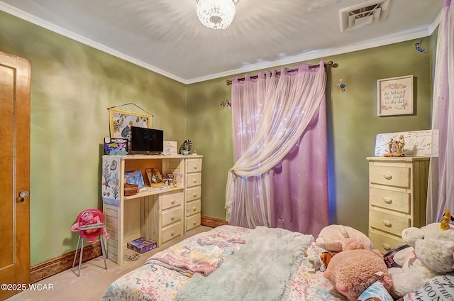 bedroom with crown molding and light carpet