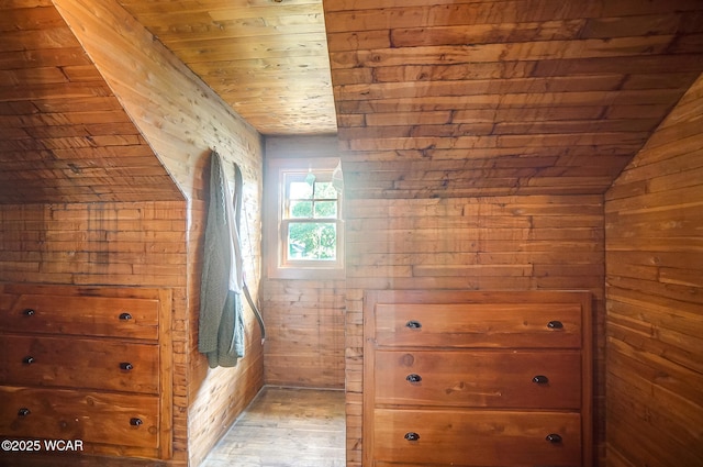 hall featuring lofted ceiling, wooden walls, and wooden ceiling