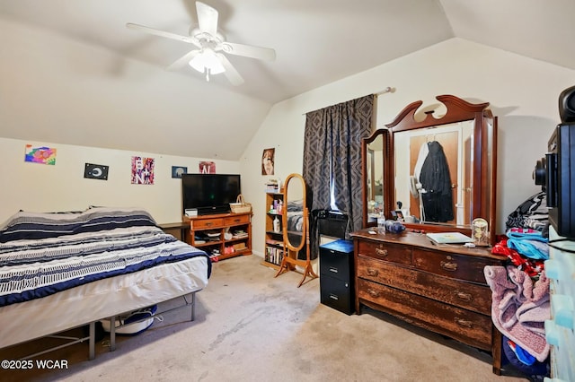 605 Hendricks Ave, Saint Marys, OH 45885 - bedroom featuring vaulted ceiling, light carpet, and ceiling fan