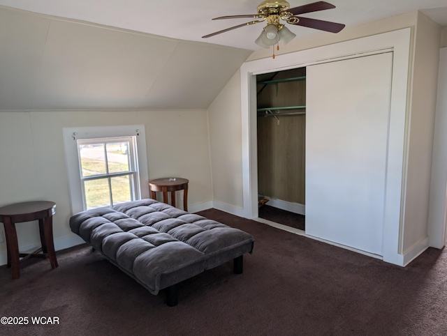 217 Center St, Vaughnsville, OH 45893 - bedroom featuring a ceiling fan, baseboards, vaulted ceiling, a closet, and dark carpet